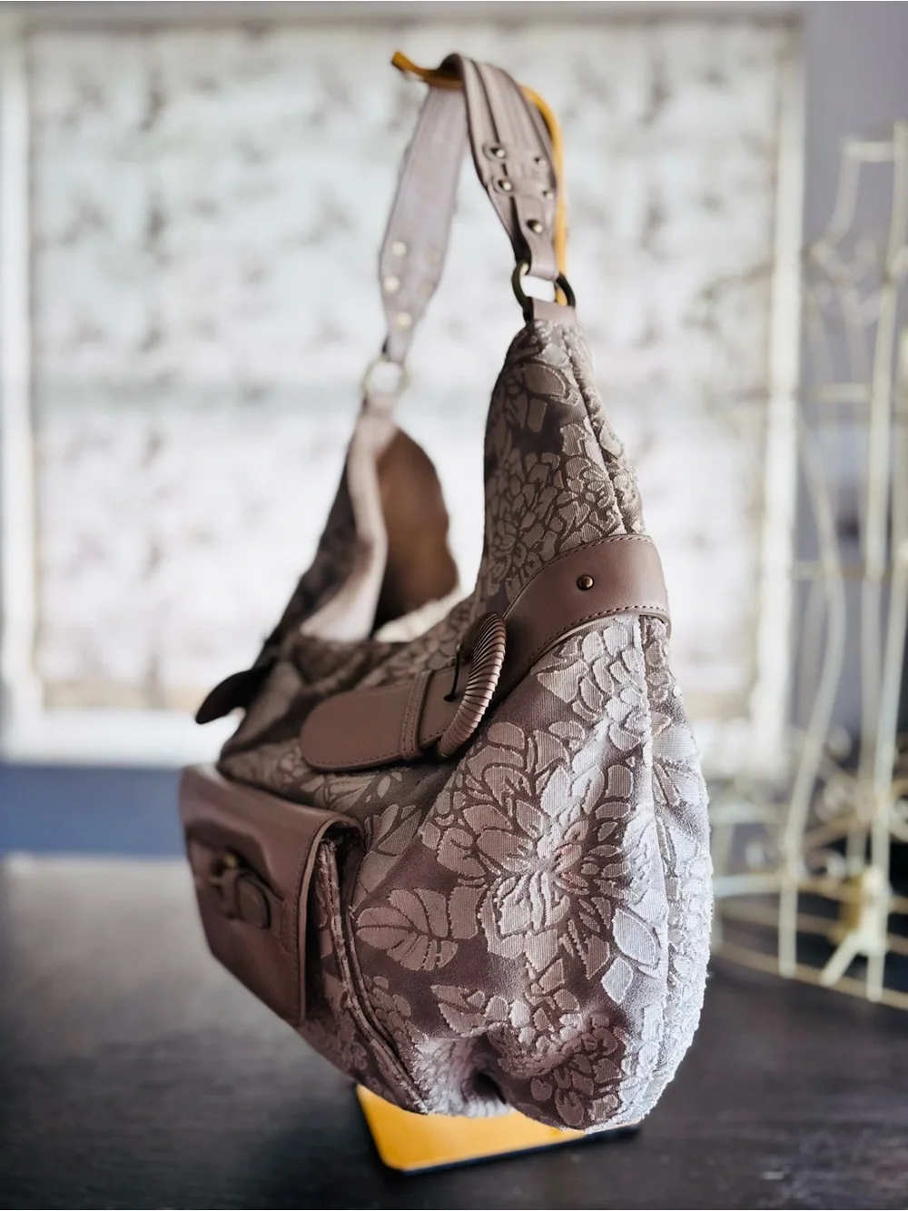 Donald J Pliner Floral Jacquard Hobo Shoulder Bag Taupe Leather Boho